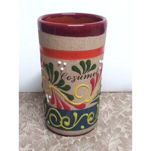 Cozumel Tonala Mexico Vase 5.5" clayware multicolor floral Folk Art artsy Boho